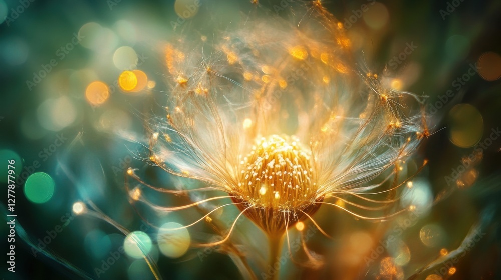 Obraz premium glowing dandelion seed head with bokeh background