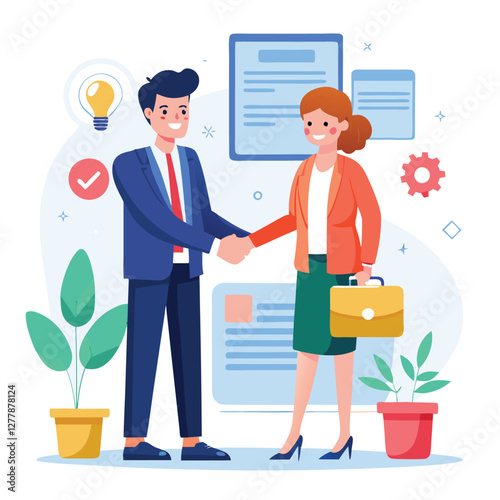 People shaking hands at work - Two businesspeople, man and woman doing handshake in office at work while smiling over business agreement and deal. Flat design stock illustration on white background