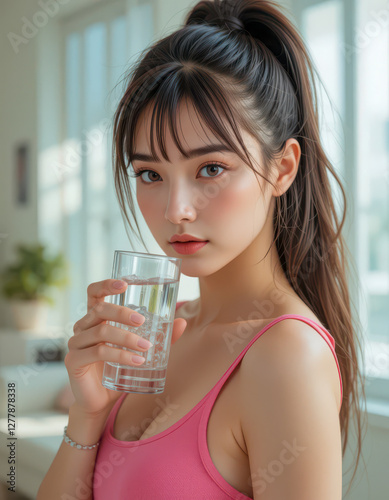 A woman is holding a glass of water and smiling