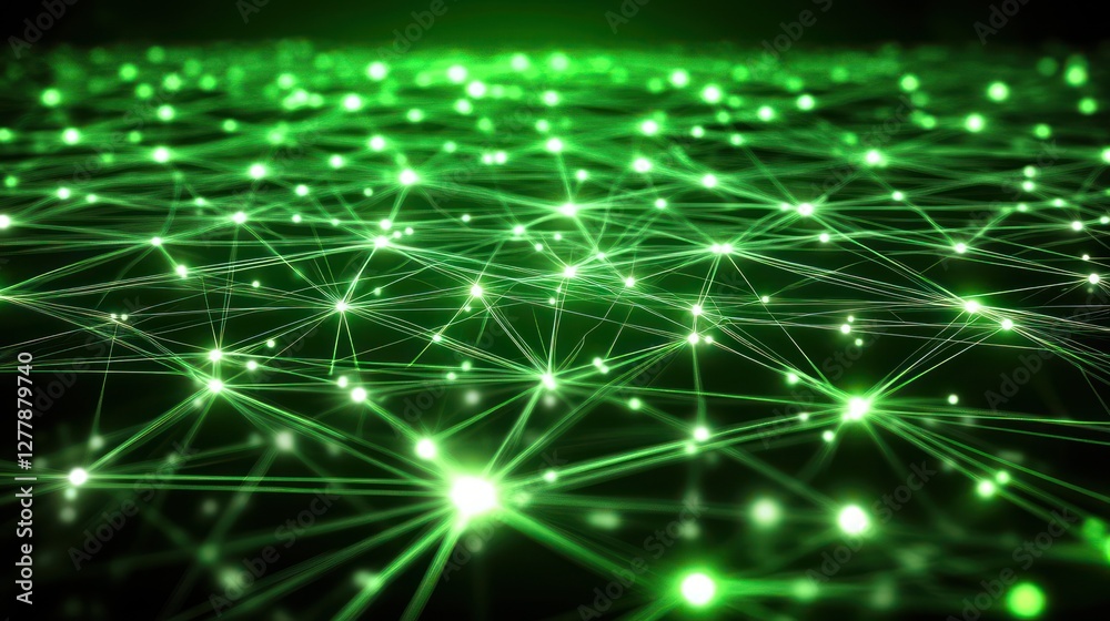 Fototapeta premium Glowing green nodes connected by bright lines in dark space