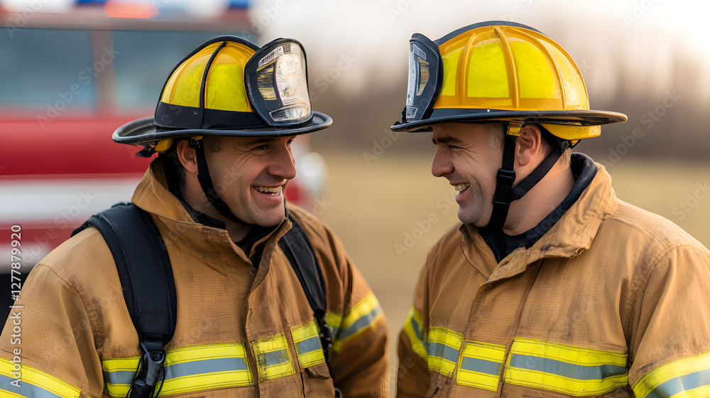 Fototapeta premium Candid brotherhood firefighters laughing together in an outdoor station setting