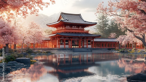 Stunning Japanese shrine in misty landscape high resolution picture