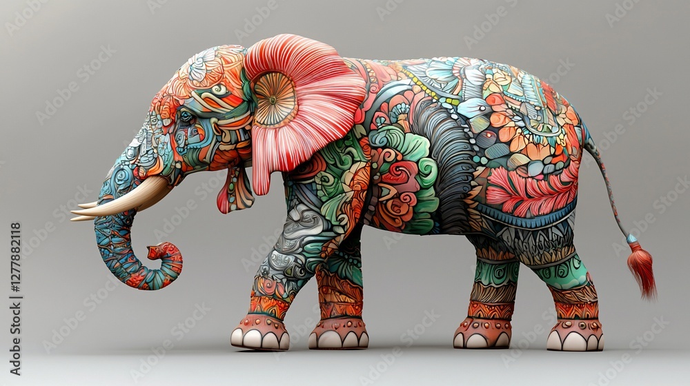 Obraz premium Ornate colorful elephant, side view, walking.