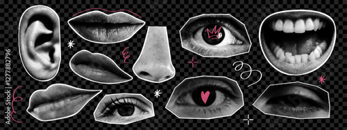 Collage halftone eyes, lips and ear with naive doodle elements. Dotted pop art style. Contemporary vector illustration.