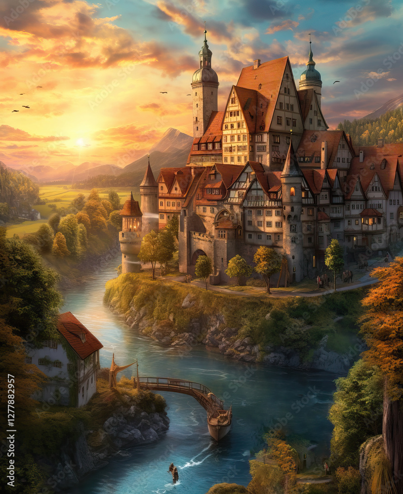 Obraz premium Majestic castle by the river at sunset. Generative AI