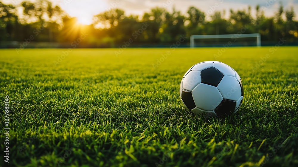 Fototapeta premium Sunset Soccer: A Lone Ball on a Lush Green Field