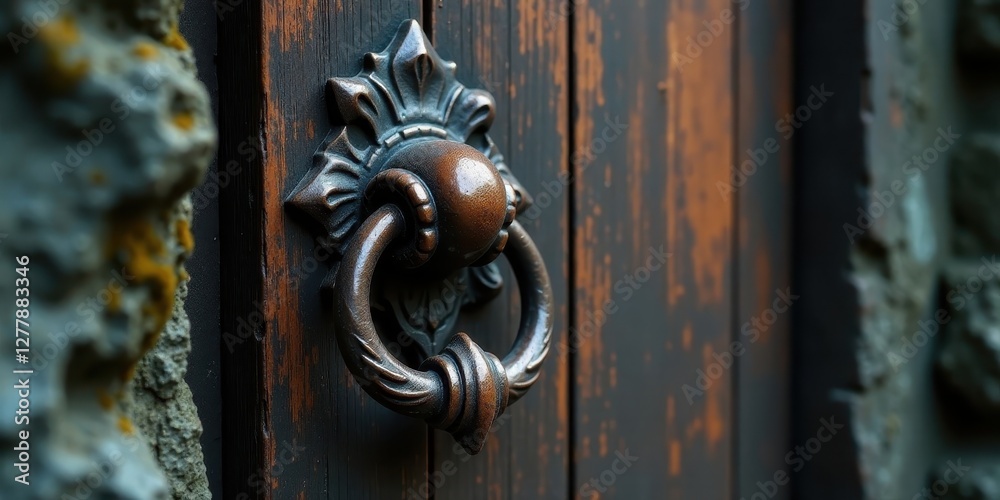 Ornate Bronze Door Knocker on Dark Wooden Door Framed by Stone
