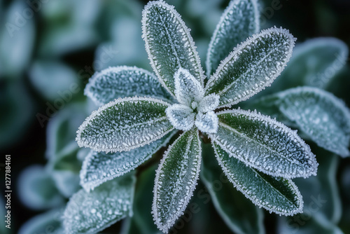 A close-up of delicate green leaves covered in frost. The icy details and cool tones create a wintery, serene atmosphere, perfect for seasonal, nature, and botanical themes photo