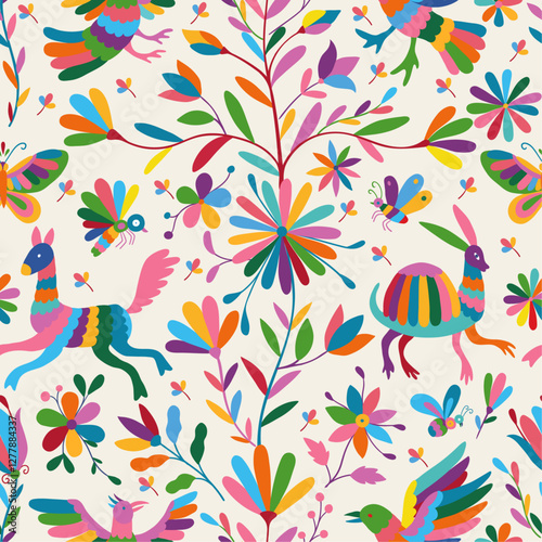Vector Seamless Mexican Otomi Style Bright Pattern. Seamless pattern with birds and flowers on white background