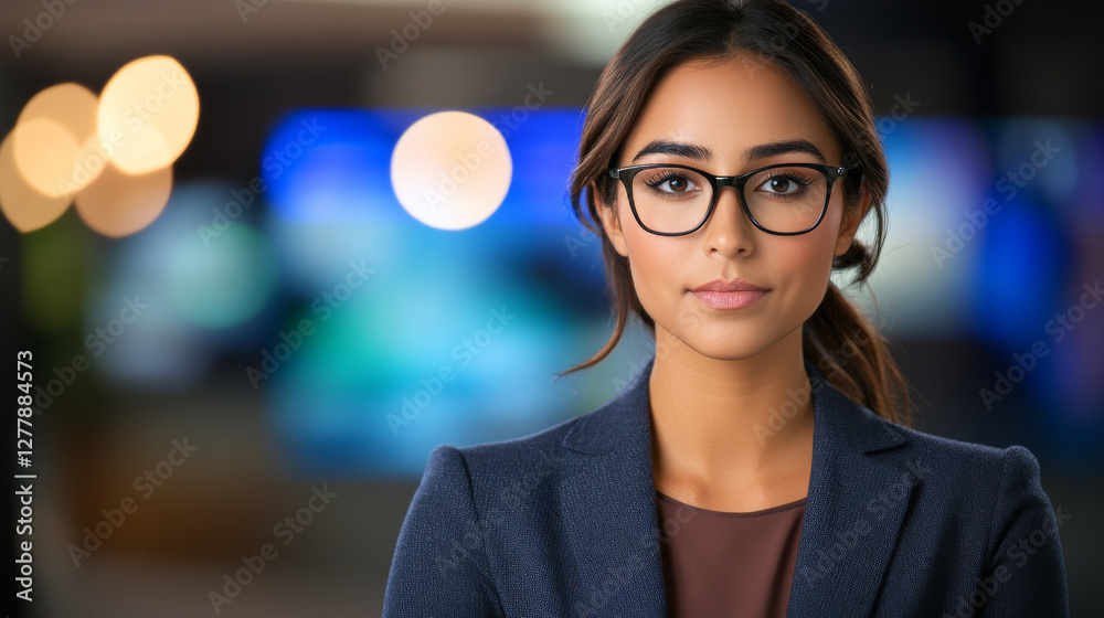 Obraz premium Confident Woman in Business Attire with Glasses Facing Camera, Blurred Background with Professional Context Lighting