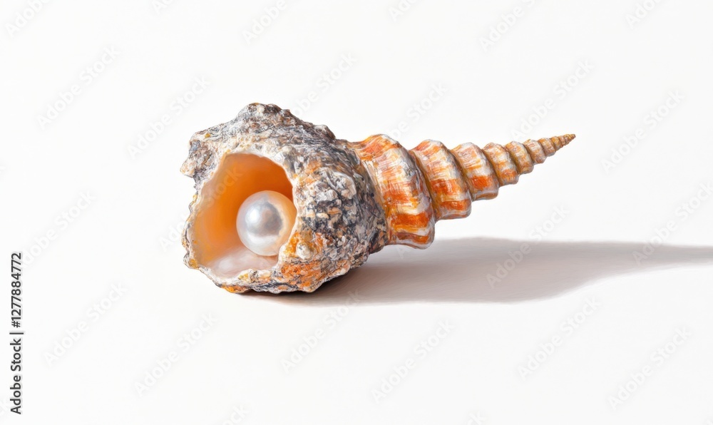 A close-up of a beautiful seashell with a lustrous pearl inside, set against a clean white background A close-up of a beautiful seashell with a lustrous pearl inside, set against a clean white background