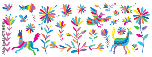 Mexican otomi embrodery elements. Colorful Mexican Traditional Textile Embroidery Style.