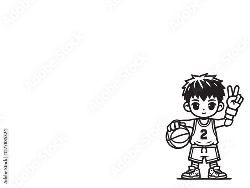 シンプルなピースサインをするバスケットボール少年のイラスト素材（背景透過）AI生成