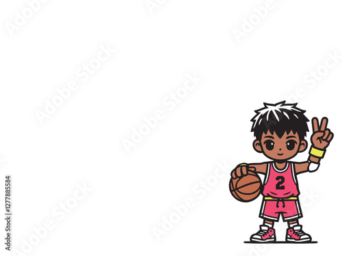 シンプルなピースサインをするバスケットボール少年のイラスト素材（背景透過）AI生成