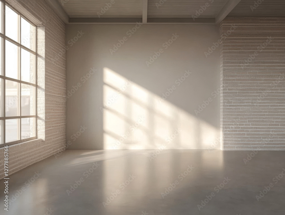 Fototapeta premium Bright sunlight casts shadows in a minimalist interior design space