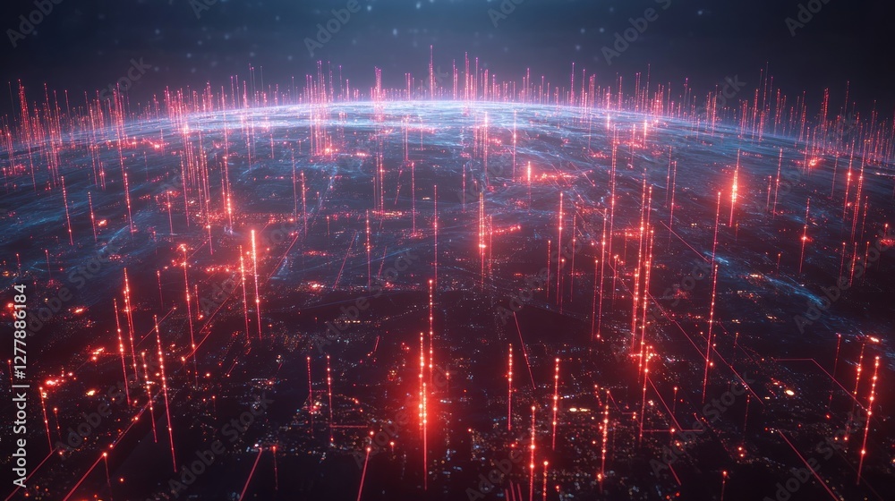 Fototapeta premium Globe with glowing red vertical lines emanating from its surface