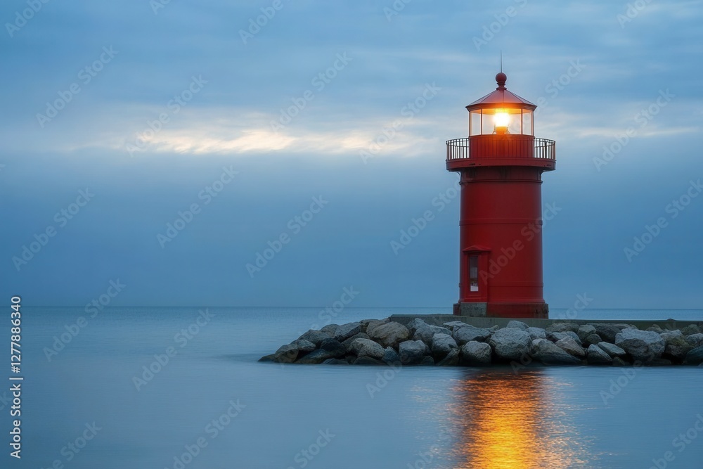 Serene red lighthouse beacon shines brightly reflecting in calm water under a twilight sky coastal landscape Serene red lighthouse beacon shines brightly reflecting in calm water under a twilight sky coastal landscape