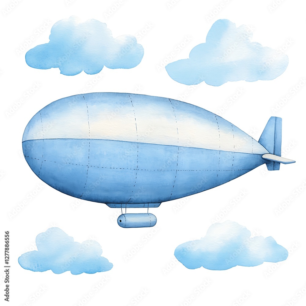 Naklejka premium Watercolor Blue Airship with Clouds - Cute Cartoon Illustration.
