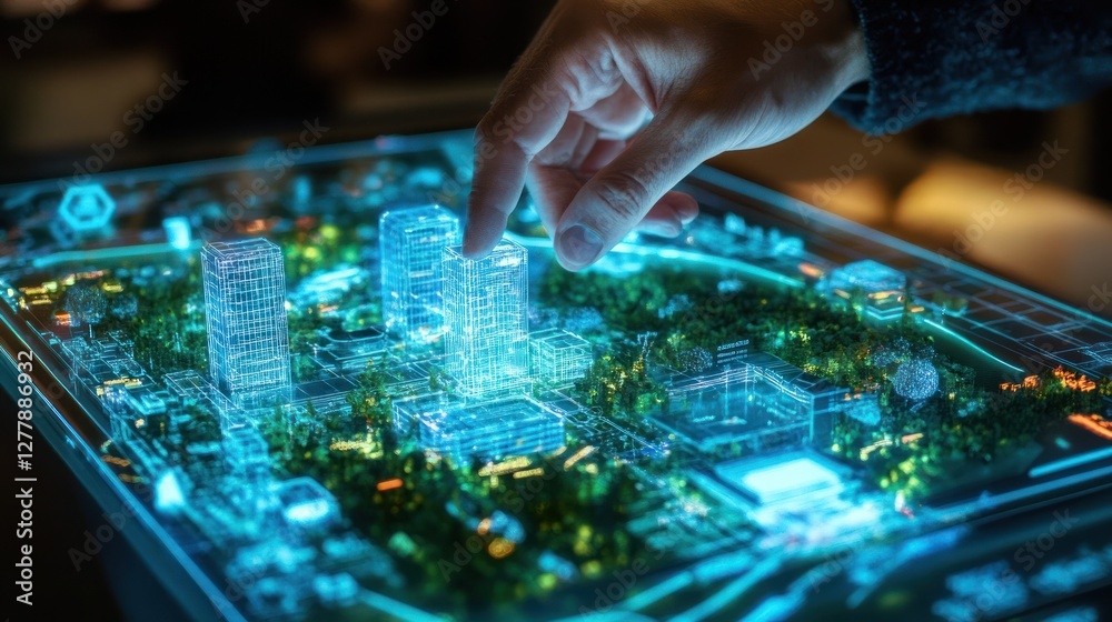 Obraz premium Finger interacts with futuristic city model displayed on screen