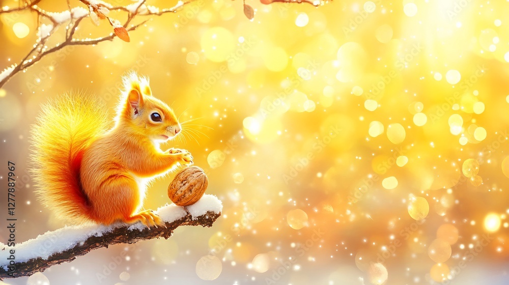 Red squirrel winter wonderland snowy branch nut Red squirrel winter wonderland snowy branch nut