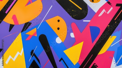 Vibrant abstract composition featuring geometric shapes and dynamic lines