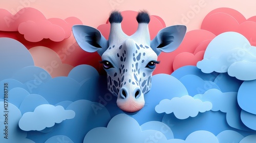 Surreal Paper Cutout Giraffe in Dreamy Clouds