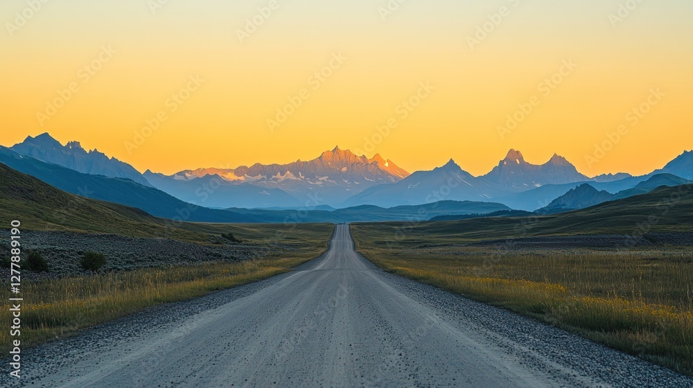 Fototapeta premium A gravel road leads towards mountains under a colorful sky