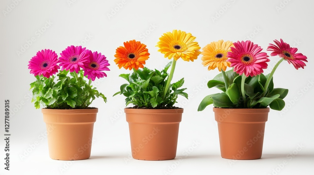 Colorful gerbera daisies in terracotta pots against a neutral background Colorful gerbera daisies in terracotta pots against a neutral background