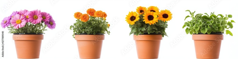 Obraz premium Four potted flowers & herb, white background, gardening