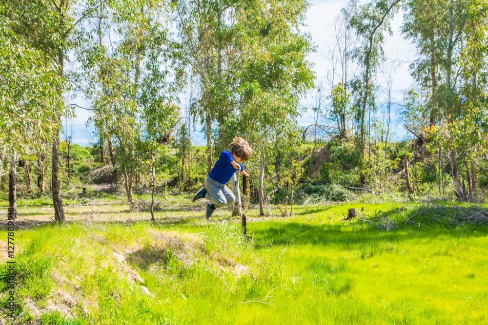 Happy child jumping joyfully in a lush green meadow, surrounded by vibrant trees under the warm sun on a beautiful spring day Happy child jumping joyfully in a lush green meadow, surrounded by vibrant trees under the warm sun on a beautiful spring day