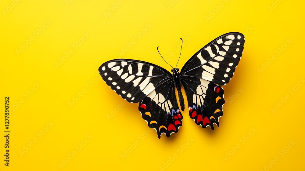 Black and White Butterfly on Yellow Background Black and White Butterfly on Yellow Background