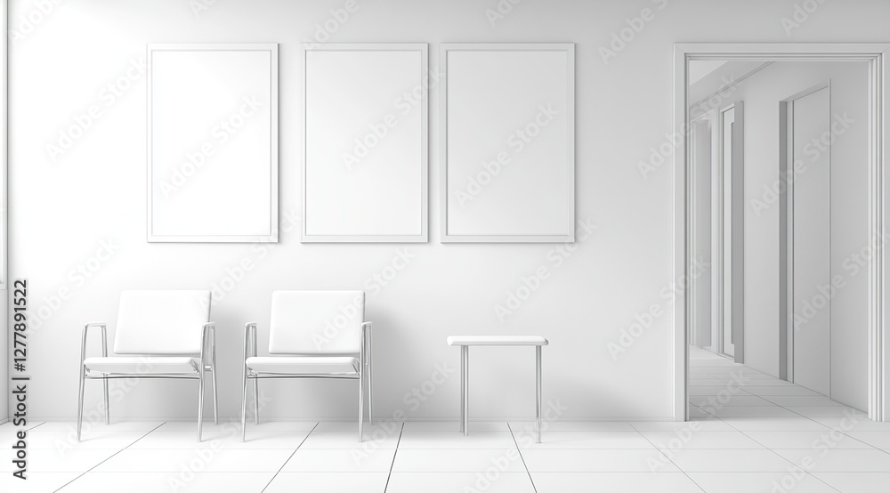 Modern Minimalist Waiting Room Design: Three Frames Adorn Walls, Two Chairs and a Table, Clean Aesthetic Modern Minimalist Waiting Room Design: Three Frames Adorn Walls, Two Chairs and a Table, Clean Aesthetic