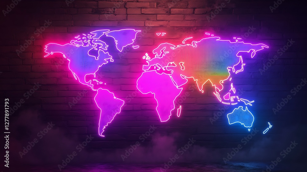 Naklejka premium Neon World Map on Brick Wall: Global Connectivity and Travel