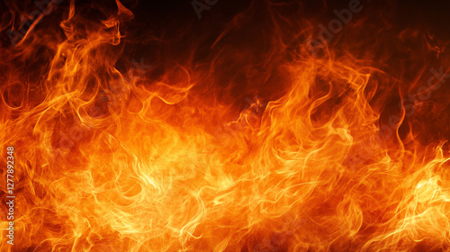 Vibrant, fiery image showcasing dynamic flames dancing against a dark backdrop, highlighting the intense heat and mesmerizing movement of fire. photo