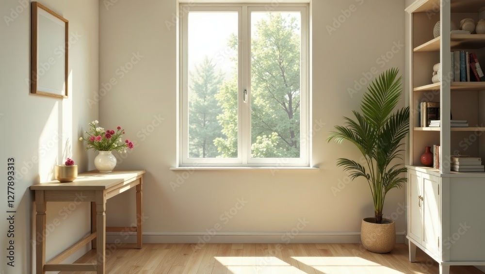 Fototapeta premium Sunlit Room Interior Design Featuring Wooden Console Table, Bookshelf, and Potted Plant