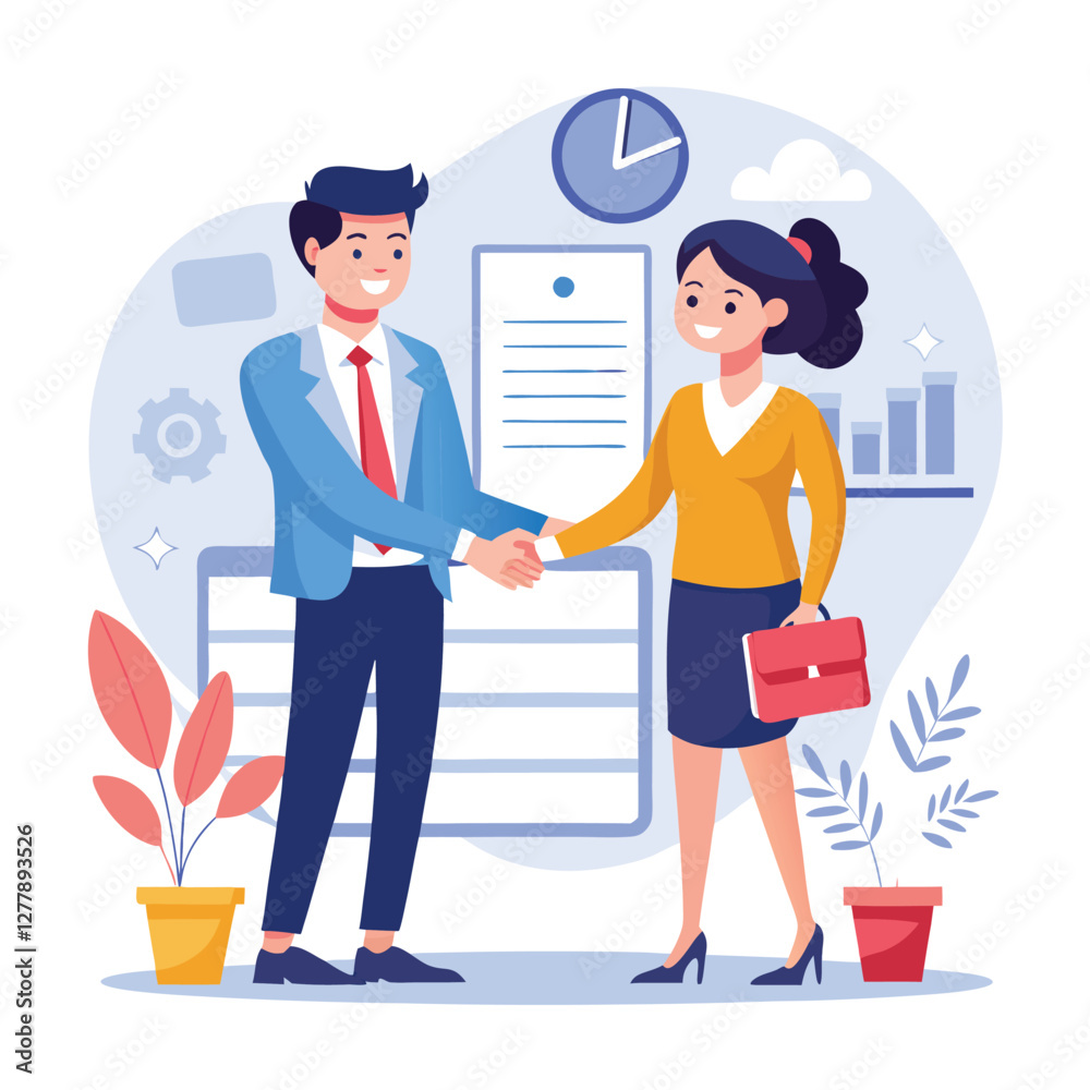People shaking hands at work - Two businesspeople, man and woman doing handshake in office at work while smiling over business agreement and deal. Flat design stock illustration on white background People shaking hands at work - Two businesspeople, man and woman doing handshake in office at work while smiling over business agreement and deal. Flat design stock illustration on white background