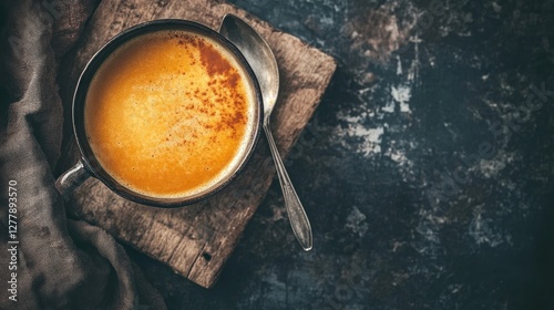 Golden milk in a mug with spoon on wooden board