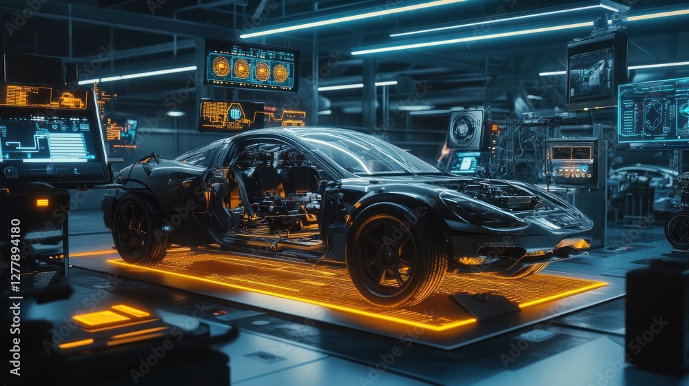 Obraz premium Sleek car undergoing futuristic diagnostics in an advanced tech workshop