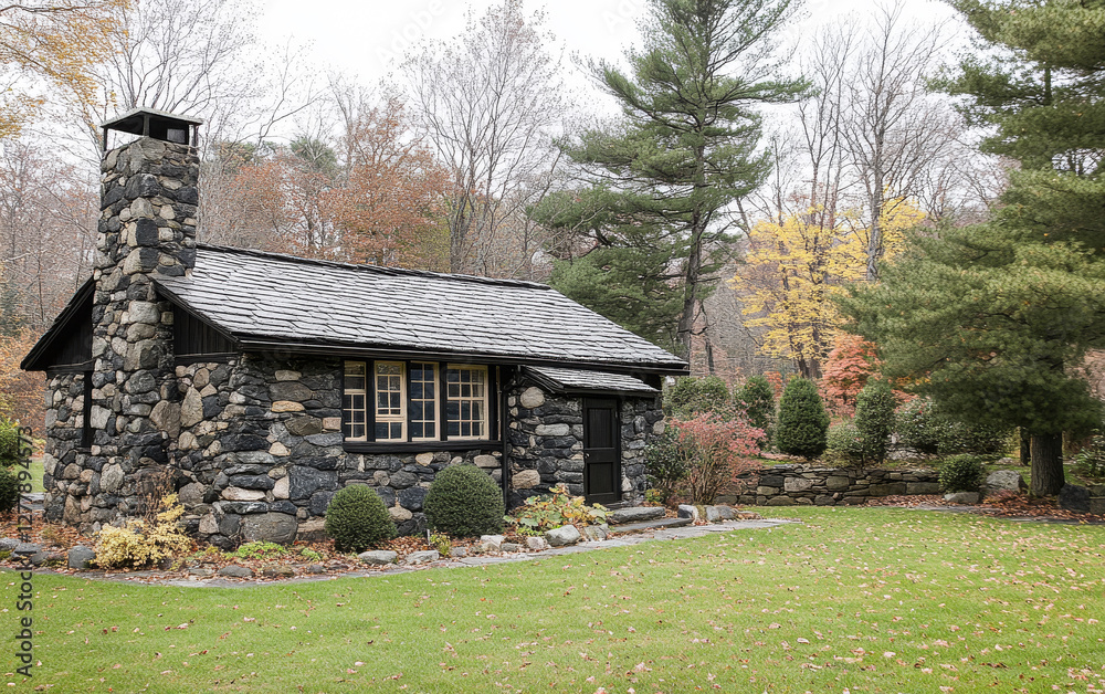 Obraz premium Charming stone cottage surrounded by autumn foliage in a wooded area