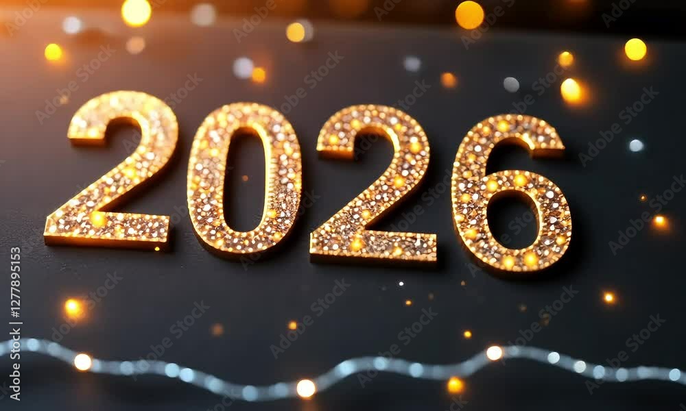 Gold Glitter 2026 New Year Numbers on Dark Background Gold Glitter 2026 New Year Numbers on Dark Background