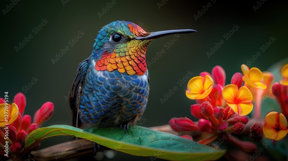 Fototapeta premium Vibrant hummingbird perched on lush green leaves, surrounded by bright red and yellow flowers. A stunning display of nature's beauty.