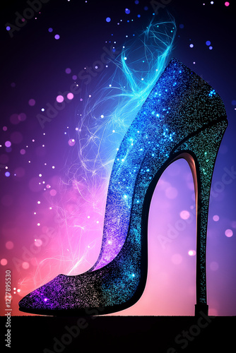 Glittering stiletto high heel, purple, blue and black, fashion and glamour