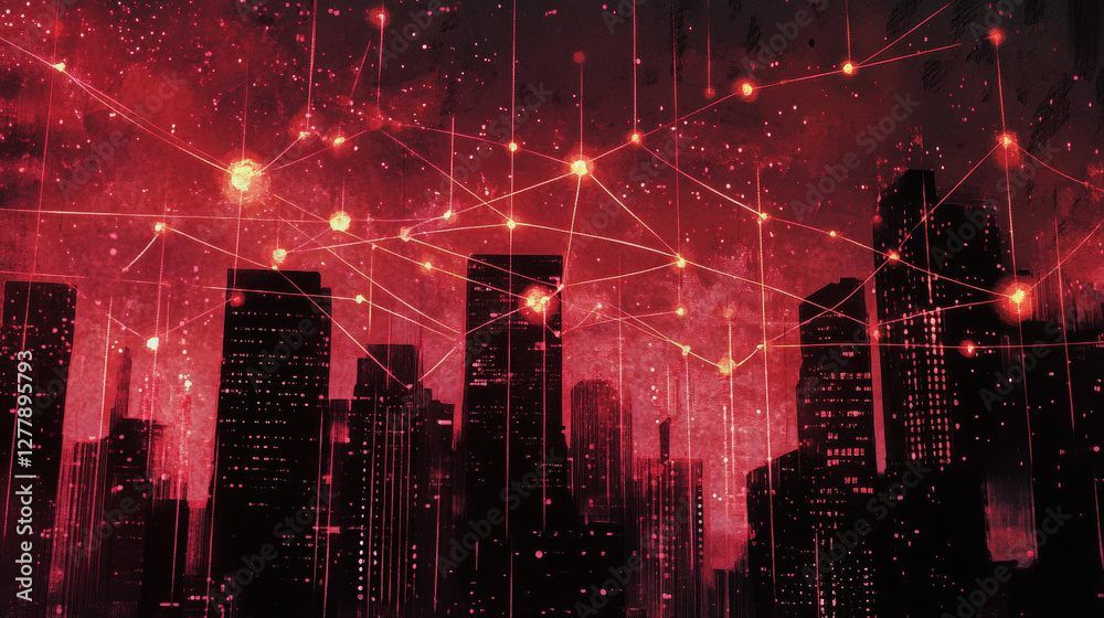 Obraz premium Futuristic Cyber City with Glowing Digital Circuit Lines and High-Tech Urban Landscape