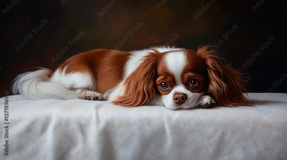 Adorable Cavalier King Charles Spaniel Puppy Resting on a Soft White Fabric Adorable Cavalier King Charles Spaniel Puppy Resting on a Soft White Fabric