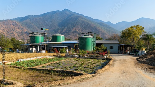 Industrial plant situated near agricultural fields and distant mountains