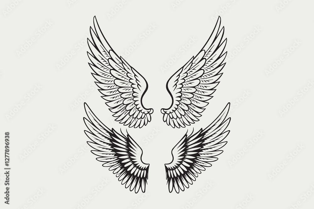 Fototapeta premium Beautiful Pair of Angelic Wings in Line Art vector