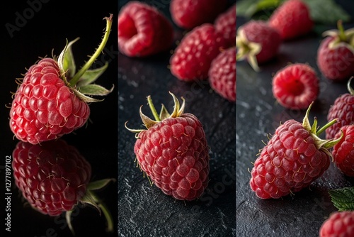 Three close up pictures of red raspberries on a black background. The raspberries are in different positions and angles, but they all have the same color and shape. Scene is simple and elegant photo