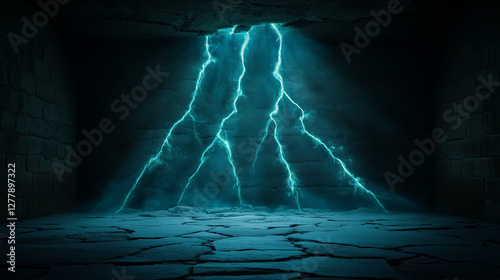 Dramatic blue lightning in cave, blue and black, power of nature