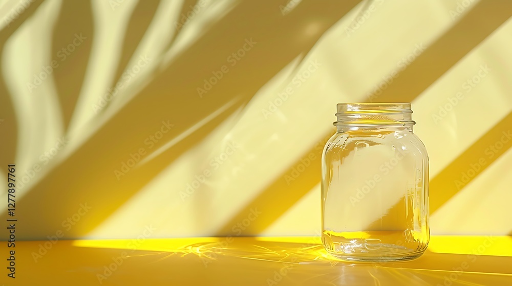 A classic empty glass jar placed on a bright yellow table, creating a lively atmosphere A classic empty glass jar placed on a bright yellow table, creating a lively atmosphere