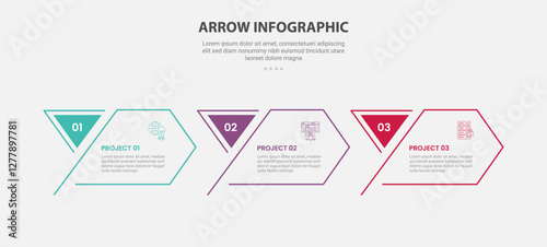 arrow base infographic outline style with 3 point template with creative arrow box and sharp badge for slide presentation